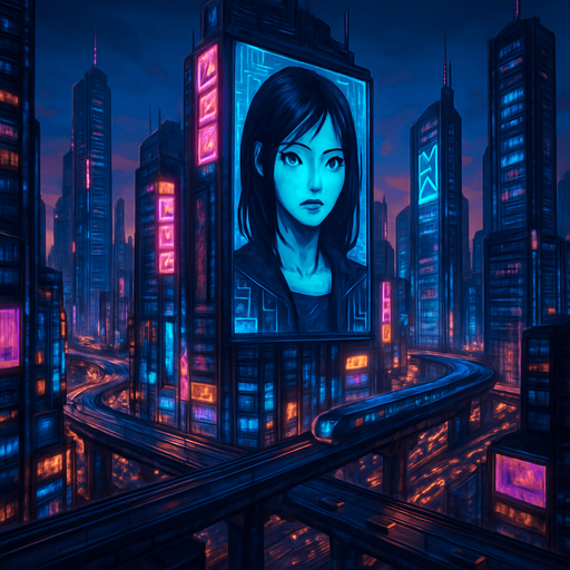 Cyberpunk city. have digital screens and digital girl have black hair talking on it. towers. from above. cars on roads. Trains roads. HD colors.