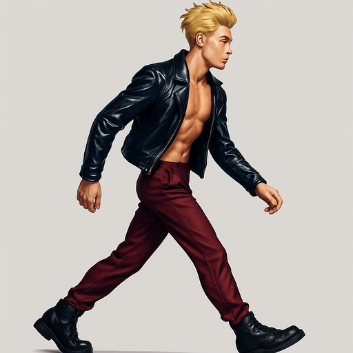Same pose Limb positions variations, Front arm in front of body, front leg extended behind, back leg in front, limbs positions swapped, Swishy graceful man Cyberpunk manga, side profile view walking animation, shiny black leather biker jacket longsleeves shirtless Skinny abs blonde pompadour guy, wine red joggers combat boots, Background removed, "Full-body character, entirely in frame, no cropping of face, head, or feet" "Complete character visible, from head to toe, fully centered in the image" "Entire character, including face and boots, fully within the frame" Character fully contained within a square frame, no edges cut off fashion model idle pose