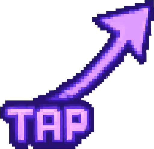 A pixel art arrow starting from a glowing "TAP" label in retro pixel font, pointing diagonally from the bottom right toward the upper left, as if guiding the player to tap that area. The arrow is sleek, with a smooth curve or angled segments, styled in purple or violet neon tones with a soft glow effect. The design matches a lo-fi rhythm game aesthetic. The "TAP" label is positioned at the tail of the arrow and glows subtly. No background — transparent..
In-Game asset.  2d.  High contrast.  No shadows