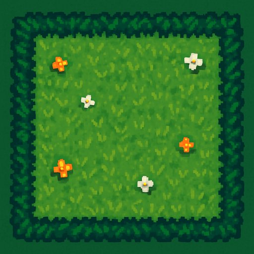 Una casilla de pasto con bordes color verde oscuro que cubra toda la imagen y unas pequeñas flores.
In-Game asset.  High contrast