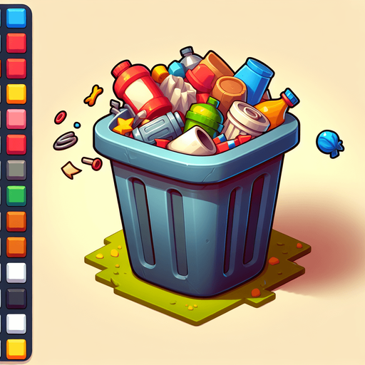 Cartoon overflowing trash can, game asset, floating
Single Game Texture. In-Game asset. 2d. Blank background. High contrast. No shadows.