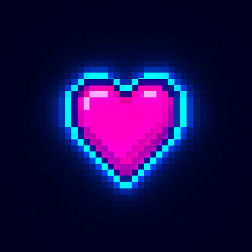 Neon pink heart. Pixel art style. Slight neon blue outer glow.
In-Game asset.  2d.  High contrast.  No shadows