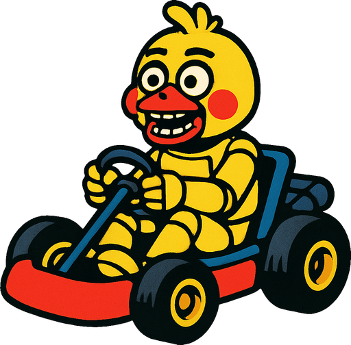 Un pollo amarillo animatronico en un kart.
In-Game asset.  2d.  High contrast.  No shadows
