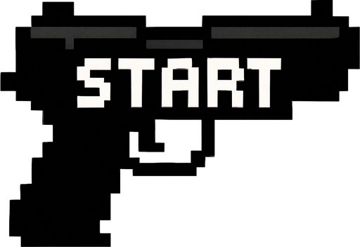una pistola negra hecha con pixeles que diga start en medio
In-Game asset.  2d.  High contrast.  No shadows