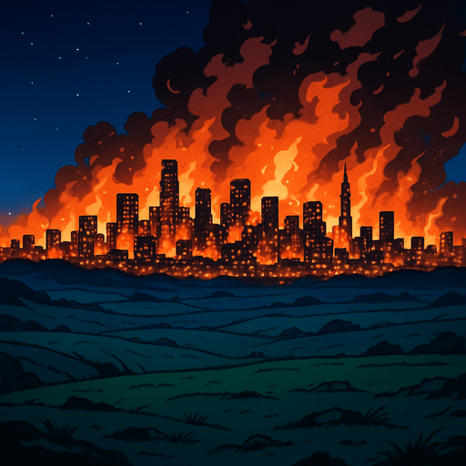 anime image style battlefield plains. on this distance as lost angeles burning city at night
In-Game asset.  2d.  High contrast.  No shadows