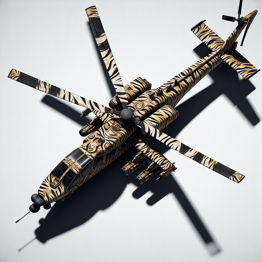 tiger stripe helicopter war.
Single Game Texture.  In-Game asset.  2d.  Blank background.  High contrast.  No shadows