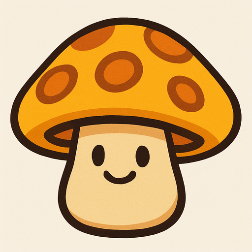 Sombrero Anaranjado/Amarillo: Tiene un sombrero grande y redondo de color anaranjado o amarillo brillante, con manchas de un tono más oscuro o marrón-anaranjado. Los puntos grandes y luminosos en su sombrero le dan un aspecto amigable y sugieren su función solar.

Tallo Beige/Crema: Su tallo es corto y regordete, de un color beige o crema claro.

Cara Amigable: Posee dos ojos pequeños y redondos, y una pequeña sonrisa, dándole una expresión dulce y pasiva..
In-Game asset.  2d.  High contrast.  No shadows
