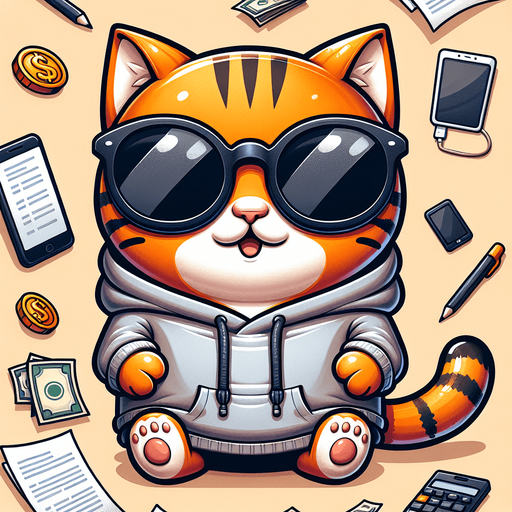 The character in the image is a cartoon-style, orange tabby cat with noticeable stripes, wearing oversized, round, dark opaque sunglasses. Its body is smaller compared to its head, emphasizing a cute, chubby appearance. Dressed in a simple, light-colored hoodie with a drawstring, this cat, equipped with a digital device and papers scattered around, embodies the essence of a stock tracker in a state of urgency, trying to sell tokens rapidly. With its paws depicted as if managing multiple tasks at once, the character combines a playful and whimsical style with the dynamic, sometimes chaotic world of trading, making it an engaging mascot or protagonist for narratives exploring the fast-paced realm of finance..
Single Game Texture. In-Game asset. 2d. Blank background. High contrast. No shadows.