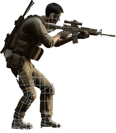 jungle soldier stand shoot the target right direction.
Single Game Texture.  In-Game asset.  2d.  Blank background.  High contrast.  No shadows