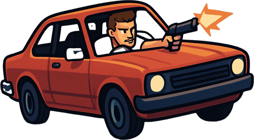 Fullscreen modern App Store landscape banner, 16:9, high definition, for a game titled "GTA Mini: City Heist" and with the description "A fast-paced 2D city crime game: steal cars, complete missions, and escape the police in a dynamic urban environment.". No text on banner!