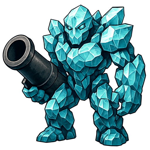 un golem de cristal muy realista con un cañon en la mano.
In-Game asset.  2d.  High contrast.  No shadows