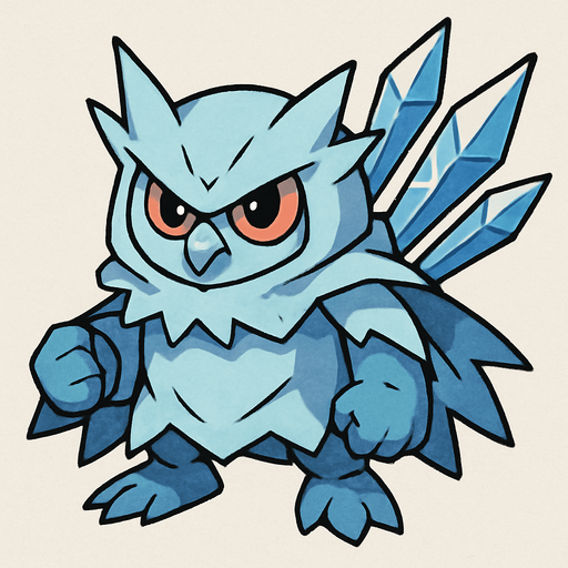 Um monstrinho do tipo Gelo inspirado em Pokémon e Digimon com aparência de Coruja fantasma classe guerreiro com lanças de Gelo nas costas arte com contorno de preto