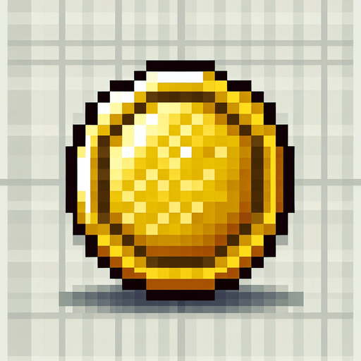 Pixelated gold coin.
Single Game Texture.  In-Game asset.  2d.  Blank background.  High contrast.  No shadows