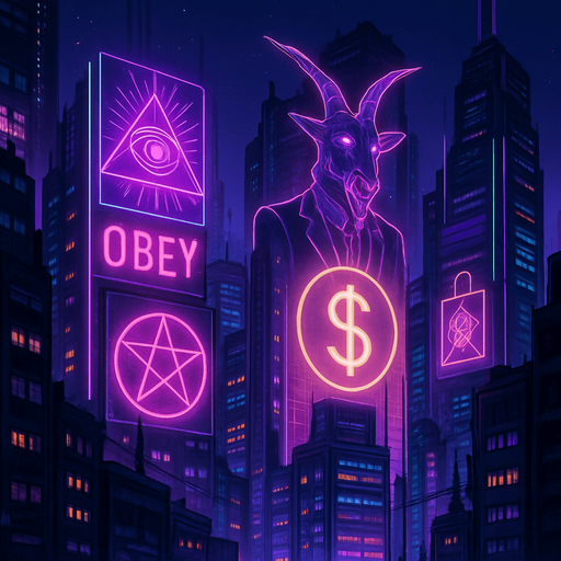 cyberpunk neon anime metropolis skyline corporate holograms billboards, occult-capitalism-consumerism imagery nighttime futuristic architecture glow