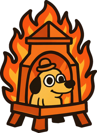 "'This Is Fine' Fire Pit": A tower resembling the "This is Fine" dog meme..
In-Game asset.  2d.  High contrast.  No shadows