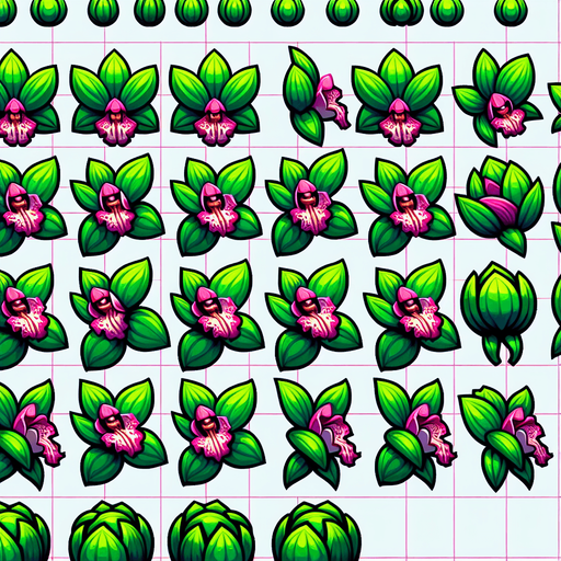 A sprite sheet of different green orchids with pink streaks seen from above. Cartoon. All similar size. Just the blossom. Bold colors and shading. 
Single Game Texture. In-Game asset. 2d. Blank background. High contrast. No shadows.