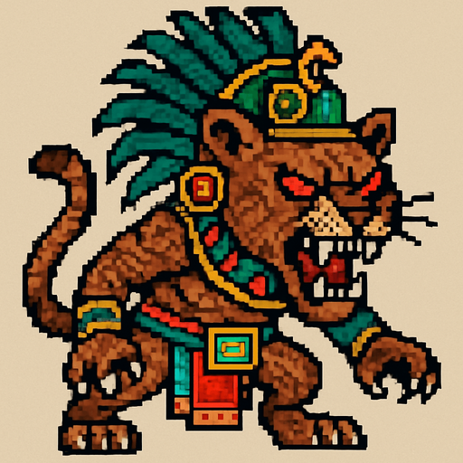 Genérame una Puma guerrero azteca con eso patrones, estilo pixelar, con una apariencia maligna, ojos rojos, rabioso. Unidad cuerpo a cuerpo. Animal.
In-Game asset.  2d.  High contrast.  No shadows