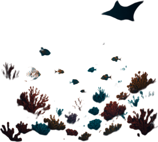 A fantasy underwater scene in a dark deep ocean, illustrated in highly detailed fantasy art style. The background is a dark abyss with faint rays of light piercing from above, casting soft glows through the water. At the bottom of the scene, vibrant and colorful coral reefs in hues of red, purple, teal, and orange spread across the sea floor. Exotic fish swim gently among the coral. The entire scene is viewed with a cinematic wide angle. Shadows of sea creatures loom faintly in the background. The water has particles suspended, giving it a mysterious and immersive depth. Bioluminescent algae softly glow in some areas of the coral. The overall tone is mysterious yet magical. Black background base. Ideal for a 5x5 grid overlay. No text, pure environment. 4K ultra-detailed fantasy illustration..
In-Game asset.  2d.  High contrast.  No shadows