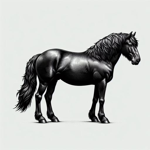 Black horse.
Single Game Texture.  In-Game asset.  2d.  Blank background.  High contrast.  No shadows