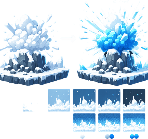 Ice explosion,rock, Light, blue & white..
Single Game Texture. In-Game asset. 2d. Blank background. High contrast. No shadows.