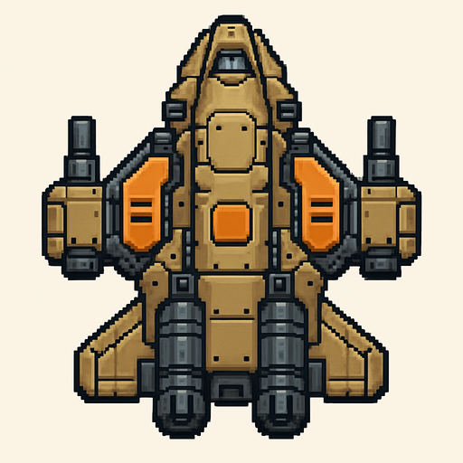 Бронированный летающий корабль звездолет пиксельный вид сверху 2д.
In-Game asset.  2d.  High contrast.  No shadows