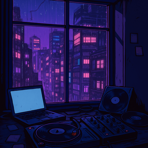 A 2048x2732 vertical background illustration in a semi-realistic comic book style. The scene depicts a moody DJ booth inside a small urban apartment at night, overlooking a vibrant neon-lit city through large glass windows. The DJ setup is stylish but lived-in — with vinyl records, scattered sticky notes, a glowing laptop screen, and faint light reflections on the desk. Outside, rain trickles down the window, and distant buildings flicker with purples, blues, and pinks. The entire environment feels reflective, lo-fi, and intimate — as if the city hums with a quiet rhythm. No characters, no text — just a story-rich, immersive menu backdrop..
In-Game asset.  2d.  High contrast.  No shadows