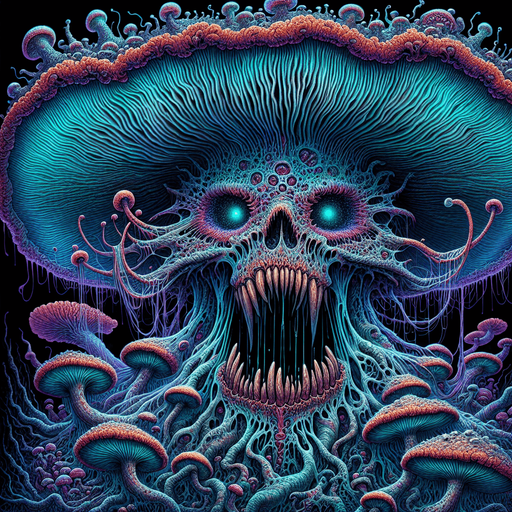 Emerging from the shadows of a twisted, nightmarish landscape, the Psychedelic Nightmare Mushroom Monster is a creature of both mesmerizing beauty and utter terror. Its grotesque form is a tangled amalgamation of flesh and fungi, with its body covered in pulsating, bioluminescent mushrooms that emit an eerie, shifting spectrum of psychedelic colors.

Its head is a nightmarish, oversized mushroom cap, with gnarled, root-like tendrils hanging down, twitching like sentient vines. Hollow, glowing eyes peer out from beneath the cap, radiating an unsettling, otherworldly light that pierces the darkness. A wide, malicious grin stretches across its face, revealing rows of jagged, yellowed teeth that seem to drip with toxic spores.

The creature's limbs are elongated and sinewy, ending in twisted, claw-like fingers that dig into the ground with each step. Its movements are erratic, a haunting dance of jerks and spasms, as if it is being controlled by some unseen force. As it prowls through the.
Single Game Texture. In-Game asset. 2d. Blank background. High contrast. No shadows.