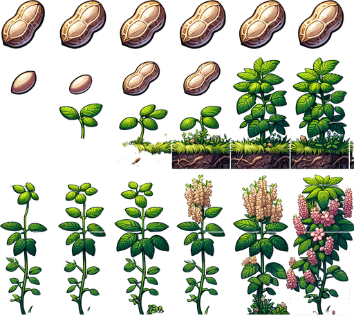 A spritesheet showing a peanutplant in various stages of germantion, from seed over sapling and to full grown plant with ripe peanuts. The sprites should be laid out in a rectangular grid with blank space between them..
Single Game Texture. In-Game asset. 2d. Blank background. High contrast. No shadows.