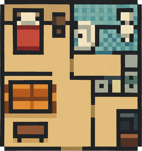 Apartment tile 2d pixilated topdown.
In-Game asset.  2d.  High contrast.  No shadows
