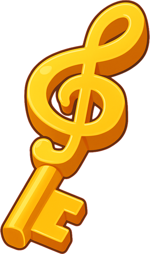 a delicious looking isometric symphony shaped golden key drawn as a 2D illustration for a cute mobile game.
In-Game asset.  2d.  High contrast.  No shadows