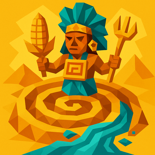 Mistik mısır ve aztek resmi çöl gibi bir spiral ve sarı renk agırlıklı low poly nesneler ve su akıyor efekti.
In-Game asset.  2d.  High contrast.  No shadows