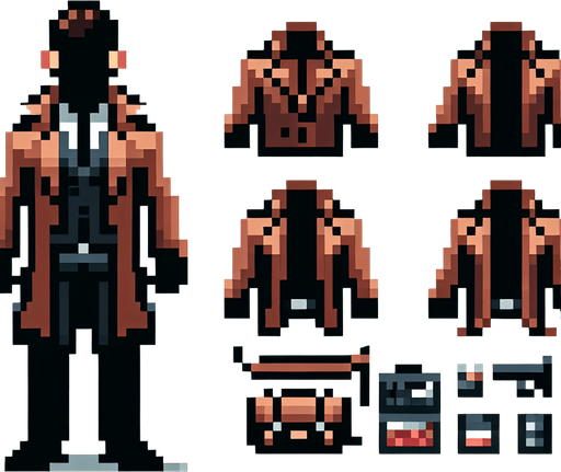 uma spritesheet de um espião desconhecido, a segunda sprite é dele abrindo sua jaqueta para mostrar os itens que ele tem pixel art.
Single Game Texture. In-Game asset. 2d. Blank background. High contrast. No shadows.