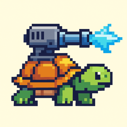 a turtle with an ice gun on her shell, pixelart.
In-Game asset.  2d.  High contrast.  No shadows