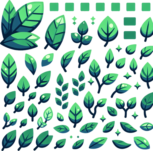 A sprite sheet of different green leaves. Cartoon..
Single Game Texture. In-Game asset. 2d. Blank background. High contrast. No shadows.