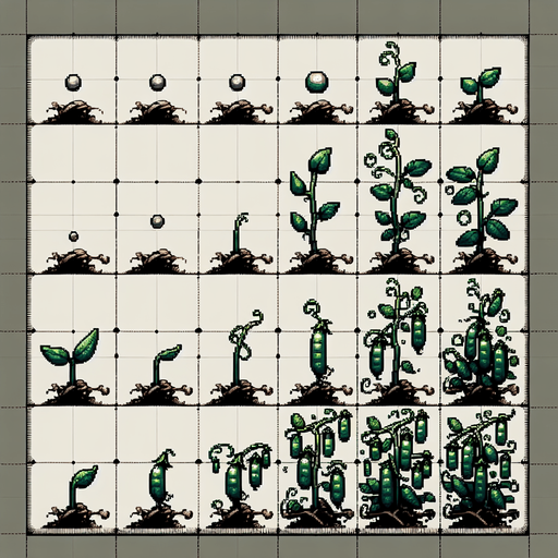 A spritesheet showing a pea plant in various stages of germantion, from pea over sapling and to full grown plant with ripe pea pods. The sprites should be laid out in a rectangular grid with blank space between them..
Single Game Texture. In-Game asset. 2d. Blank background. High contrast. No shadows.