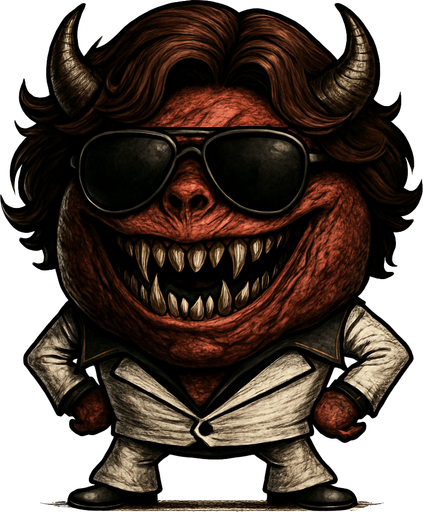 un demonio bola ultra realista con una peluca y traje de bailarin con lentes de sol y una sonrisa con colmillos afilados.
In-Game asset.  2d.  High contrast.  No shadows