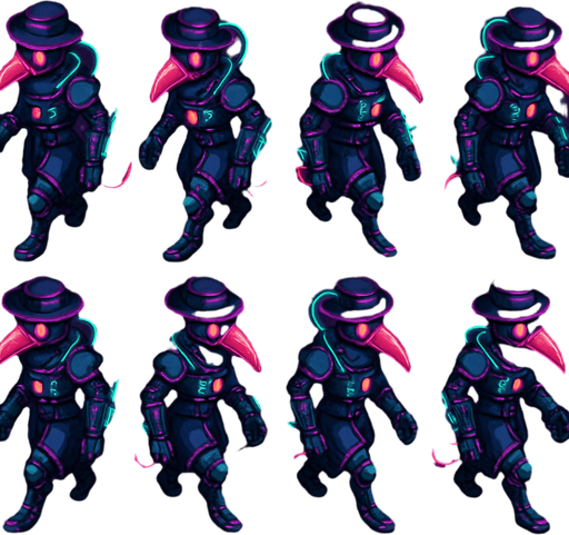 Neon cyberpunk anime top down isometric animatronic plague doctor cyborg demon medic CDC corporate robot monster disease pestilence medicine syringes Walking animation frames