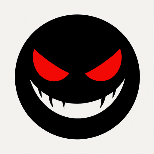 a black circle that is dark and evil and has red eyes and an evil smirk.
In-Game asset.  2d.  High contrast.  No shadows