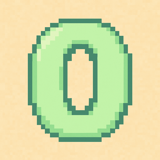 A pixel art number "0" designed for a cozy, cute retro 2D game UI with a bird theme. The number is rendered in soft pastel light green tones to harmonize with the gentle and sweet aesthetic of the game. It has a clean, simple, and rounded pixel style with no harsh edges, fitting perfectly within the pixel art UI style. The number is bold and easily readable at small sizes..
In-Game asset.  2d.  High contrast.  No shadows. pixel art. retro. 2d ui. number. pastel light green. simple. rounded edges. bold. cute. minimal