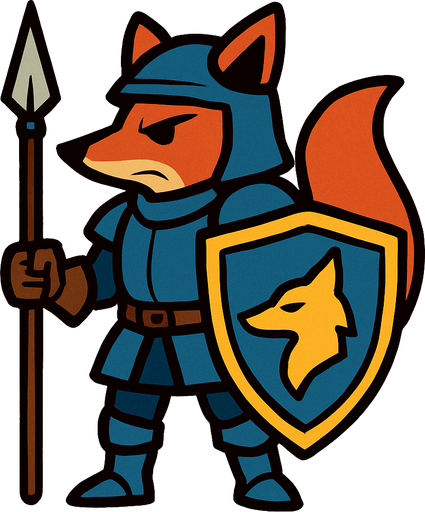 caballero zorro, con escudo y lanza.
In-Game asset.  2d.  High contrast.  No shadows