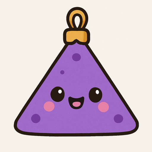 Perfectly triangle purple Christmas decoration with cute happy face. Cartoon style. Cute art style. Simple vector style.