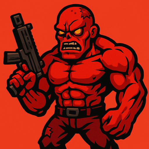 boss zombi çok kaslı akıllı ve silahlı sinirli kızgın ve ten rengi kırmızı.
In-Game asset.  2d.  High contrast.  No shadows