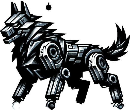 Rabid Robot Dog.
Single Game Texture. In-Game asset. 2d. Blank background. High contrast. No shadows.