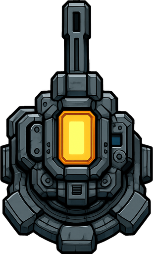 2D top-down view sci-fi laser turret, mounted on a rotating base, glowing energy cell, detailed mechanical parts, metallic finish, compact and powerful look, pixel art or vector style, no background.
In-Game asset.  2d.  High contrast.  No shadows