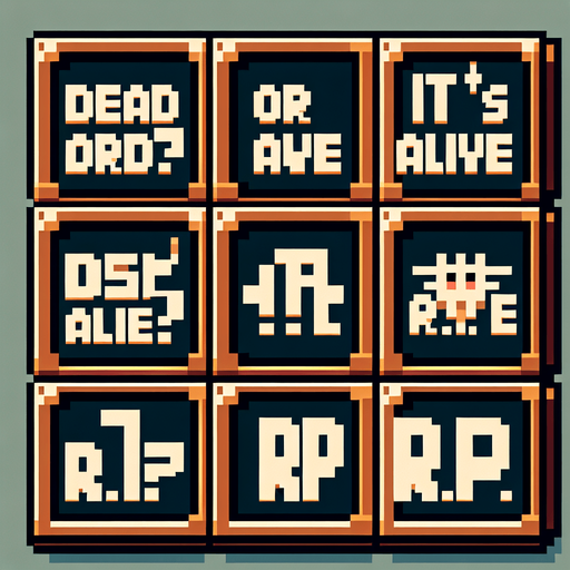 8-bit text. to be used in game. inside light brown boxes. Should read: 
Dead or Alive? 
It's Alive! 
R.I.P.! Single Game Texture. In-Game asset. 2d. Blank background. High contrast. No shadows.