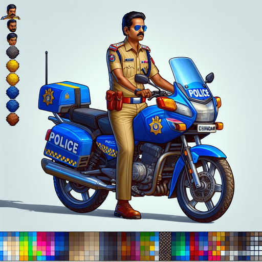 Inspector chingam on police bike with police dress.
Single Game Texture.  In-Game asset.  2d.  Blank background.  High contrast.  No shadows