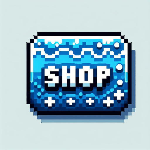 Water themed gui icon that has the text "Shop" on it. 8-bit art style..
Single Game Texture. In-Game asset. 2d. Blank background. High contrast. No shadows.