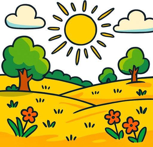 Un campo soleado.
In-Game asset.  2d.  High contrast.  No shadows. Cartoon