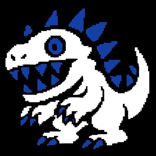 Mostruo de color blanco con pinchos azules y ojos azules dientes azules y que parece dinosaurio.
In-Game asset.  2d.  High contrast.  No shadows. Deltarune