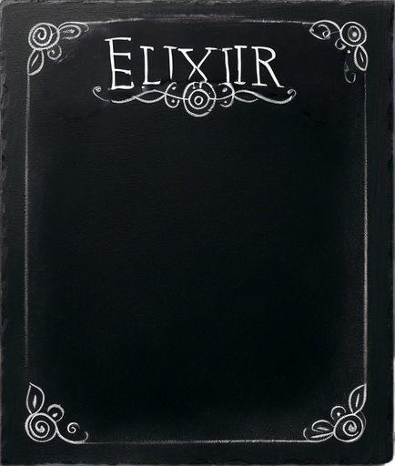 Text "ADEPT ELIXIR" handwritten in chalk